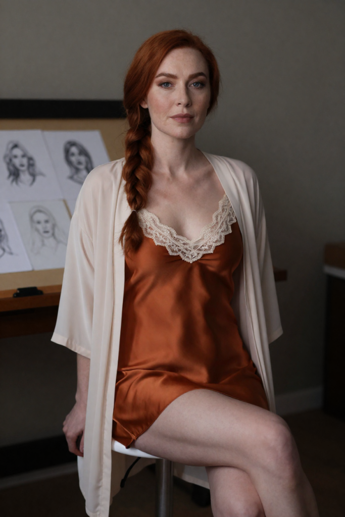 FuliOne muse in a burnt-orange silk slip and sheer ivory robe, seated by the drafting table at the first desk
